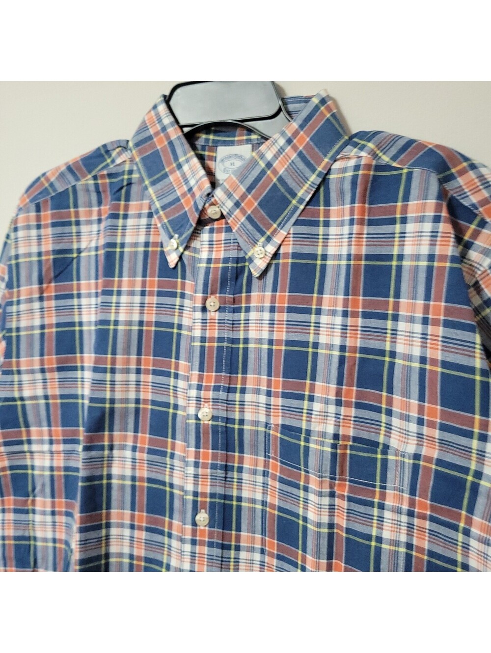 Brooks Brothers Button Down Shirt Mens XL Blue Orange Plaid Short Sleeve Cotton